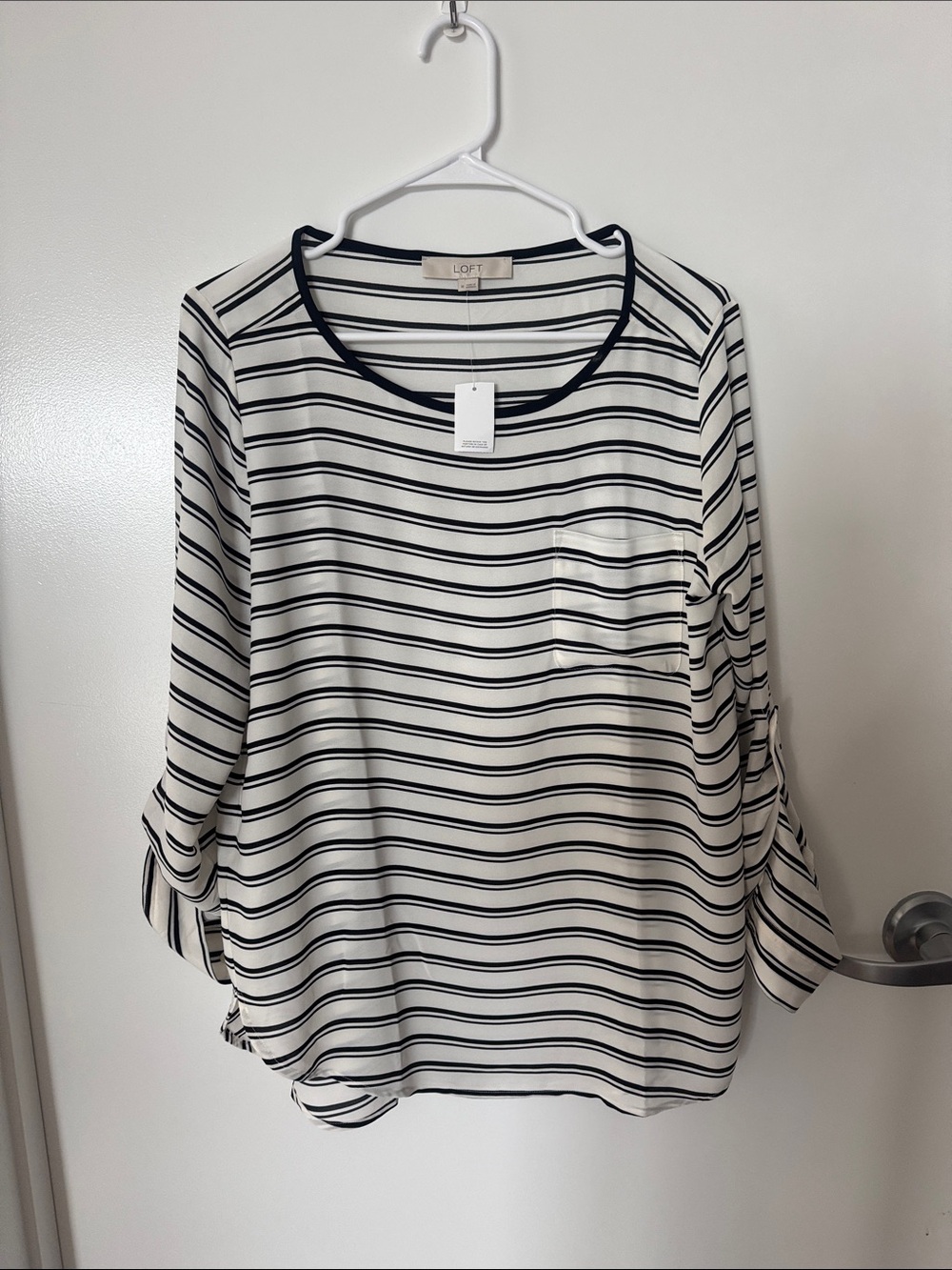 LOFT Black & White Striped Scoop Neck Long Sleeve Top